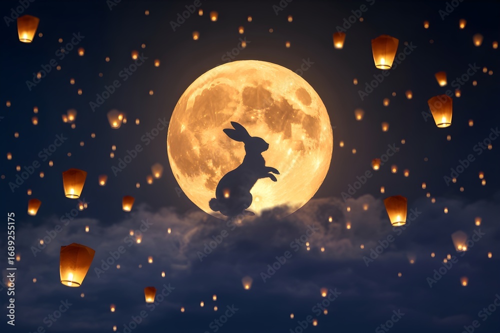 Fototapeta premium ​A celestial rabbit leaps across a brilliant full moon, casting a gentle glow amid a sky filled with floating lanterns.