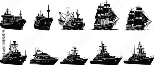 Silhouettes of various ships and boats including cargo ships, fishing boats, sailboats, yachts, and navy vessels on water.