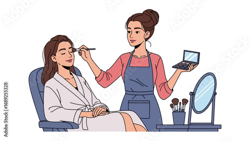 Professional makeup artist applying cosmetics to a client seated in a chair with a mirror nearby