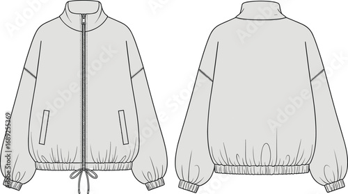 Cad drawing flat vector illustration of a modern windbreaker jacket, fashion technical sketch, front and back view, unisex design