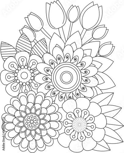 Artistic mandala flower coloring page for adults botanical floral design zentangle inspired pattern white background