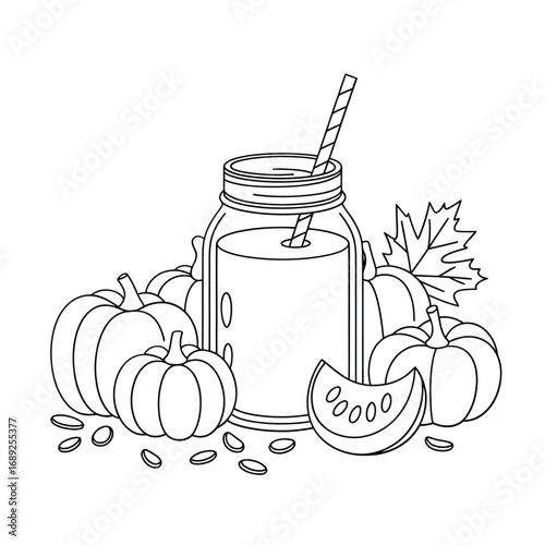 Hand drawn illustration of a mason jar filled with pumpkin juice and surrounded by pumpkins