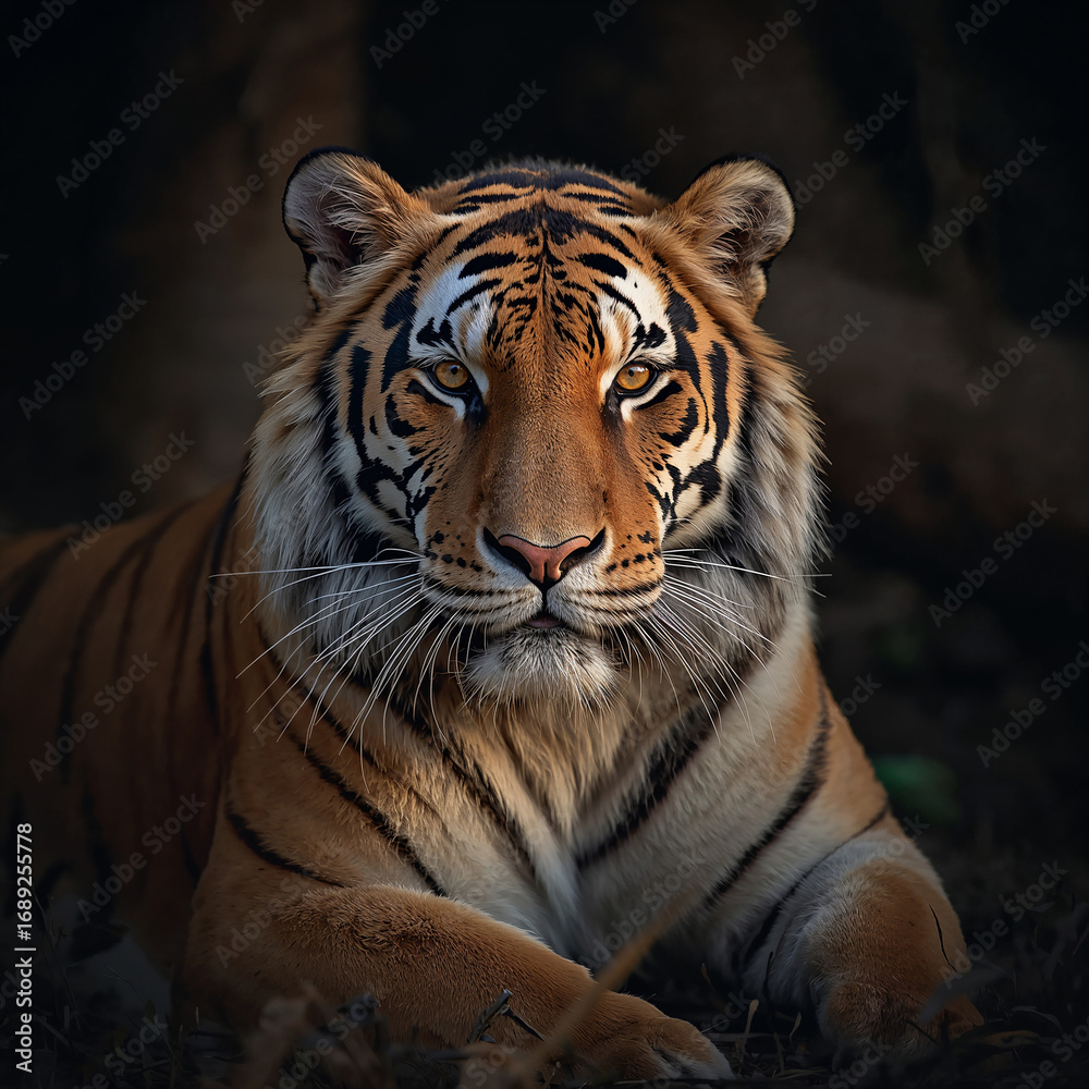 Fototapeta premium Magnificent Tiger Resting in Woodland Setting, Warmly Lit Portrait with Calm and Inquisitive Expression, Serene Portrait of a Tiger in Forest Habitat, Resting Gracefully with Direct Gaze and Warm Ligh