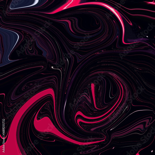 Bold fluid abstract art with deep black, vivid pink, purple, neon, and golden streaks forming a striking liquid marble swirl background.