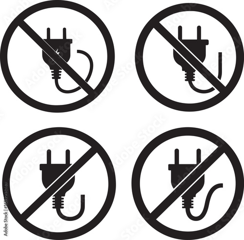 Four no electrical plug symbols silhouette