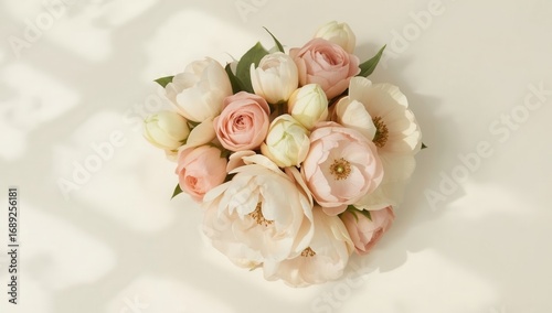 A delicate arrangement of pastel roses and tulips on a soft white surface, bathed in gentle light.