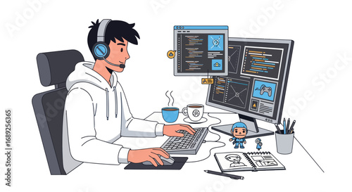 Cartoon programmer working at a computer with multiple screens and headset.
