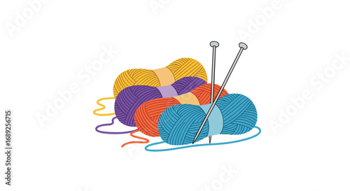 Colorful yarn balls and knitting needles crafting supplies for handmade projects