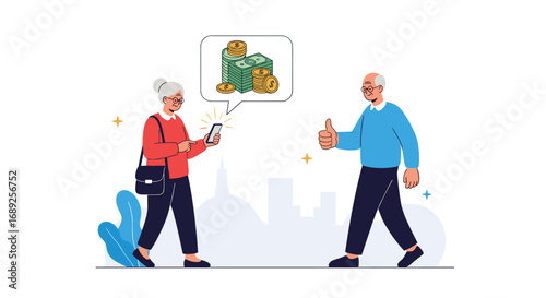 Elderly couple discusses financial savings and mobile banking application services