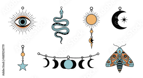 Celestial boho mystical eye snake sun moon stars and moth charms set