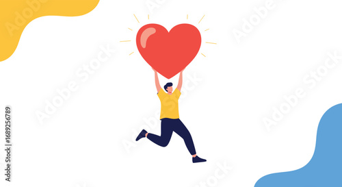 A joyful person raises a big red heart above their head celebrating love and happiness