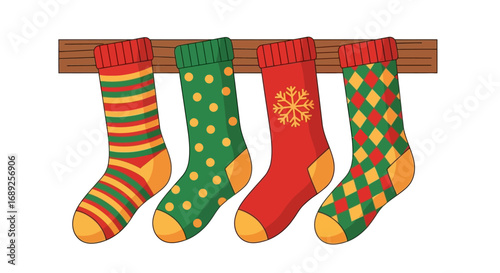 Four festive Christmas stockings hang from a wooden mantelpiece, each displaying a unique and colorful holiday pattern.