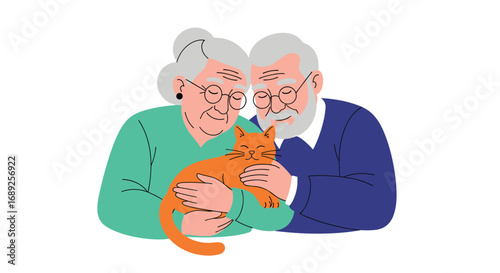 Elderly couple holding a loving orange tabby cat together in a warm embrace