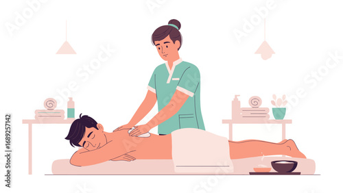 Relaxing spa massage therapy session for a male client receiving professional back treatment
