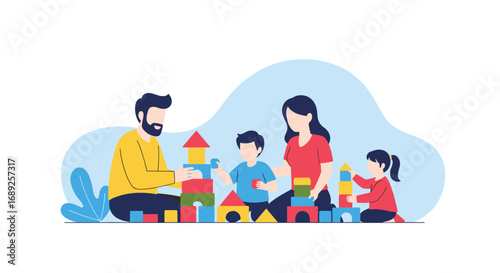 Parents and children building colorful blocks together developing creativity and teamwork