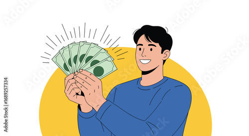 Man happily holding a fan of money showing off financial success wealth and prosperity