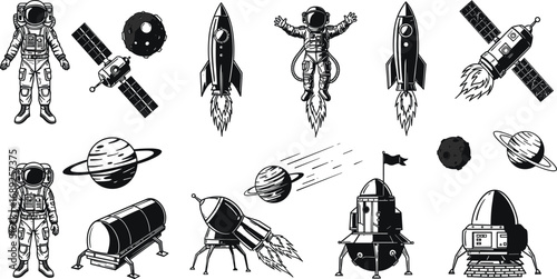 Space exploration vector, astronaut suit, rocket launch, satellite, planets, moon, space mission, space travel, lunar module, cosmic adventure.
