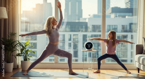 An active grandmother practices yoga with her granddaughter, guided by a discreet AI wellness device. Modern and intergenerational wellness.