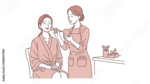 Skilled makeup artist carefully applying cosmetic product to a client s face with a brush