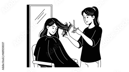 Stylist meticulously cuts and styles long dark hair of a client sitting in a salon chair with a mirror reflection
