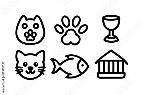 Pet icons, cat face, paw, fish, and house