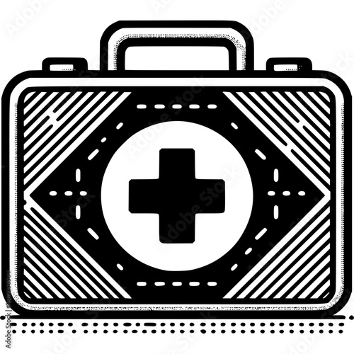 Emergency Kit: A black and white illustration of a first aid kit, a symbol of care, readiness, and safety. The box features a prominent medical cross