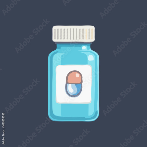 Medicine bottle and pills illustration.