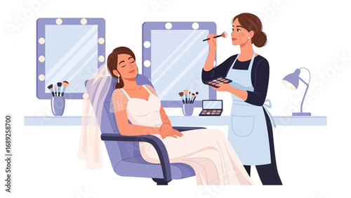 Bride receiving professional makeup application in a well lit beauty salon before her wedding day celebration