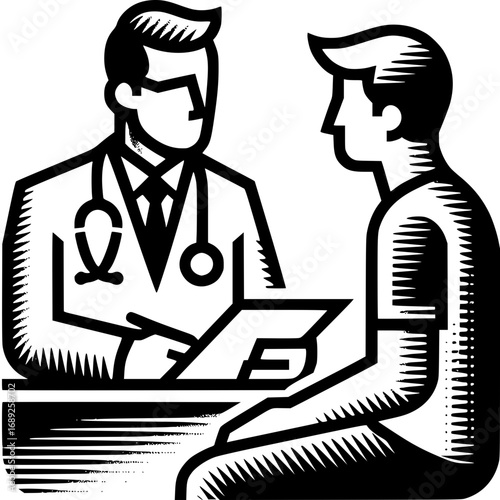 Medical Consultation: A detailed graphic showcases a patient engaged in a consultation with a healthcare professional, meticulously outlining the essential aspects of medical evaluation and care.