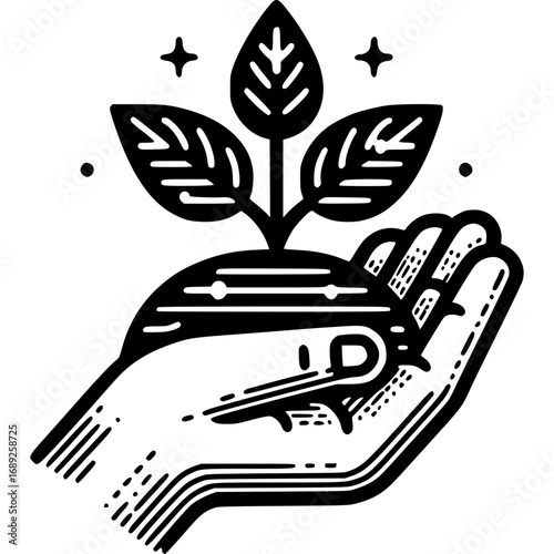 Nurturing Growth: A hand delicately cradles a young plant, symbolizing the care and cultivation required for life's renewal and the blossoming of new beginnings.
