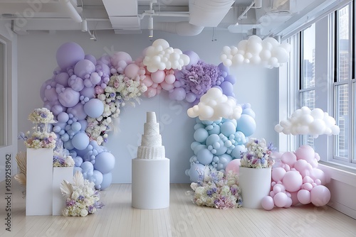 A dreamy, cloud-inspired birthday setup with a sleek, white cake surrounded by pastel-colored balloons and soft decor