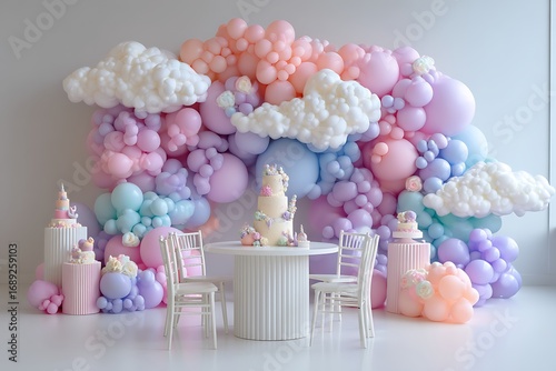 A dreamy, cloud-inspired birthday setup with a sleek, white cake surrounded by pastel-colored balloons and soft decor