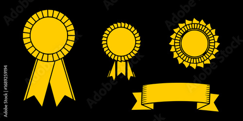 Gold yellow blank award rosette blank ribbons, black background