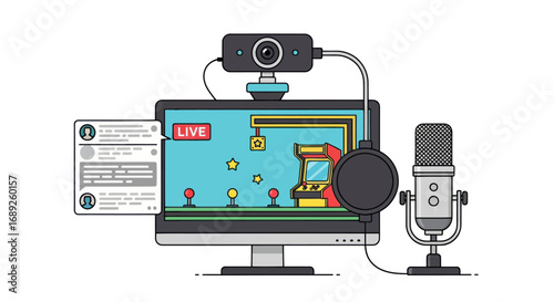 Computer setup for live streaming video games with webcam and microphone.