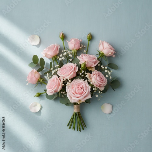 Soft pink rose bouquet with delicate baby's breath and eucalyptus on a calming blue background.