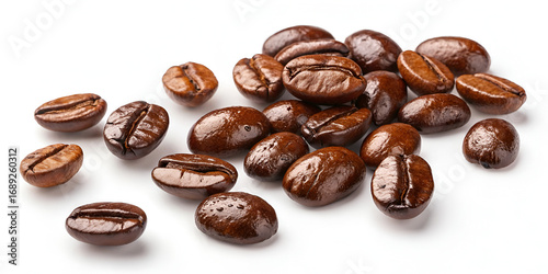 Glossy coffee beans scattered on white background in fresh roasted organic aromatic design