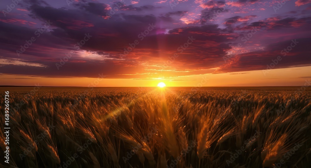 Fototapeta premium Sunset over golden wheat field with dramatic clouds and vibrant colors - AI Generated Digital Art