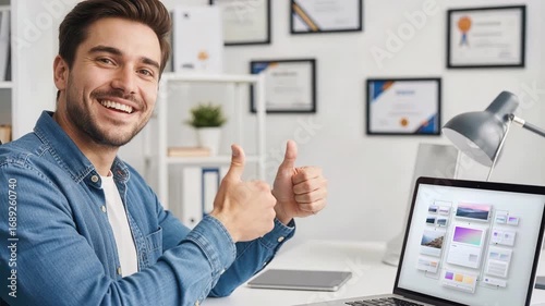 Accomplished programmer proudly presenting completed project with confident smile and thumbs up gesture showing successful career transformation achievement