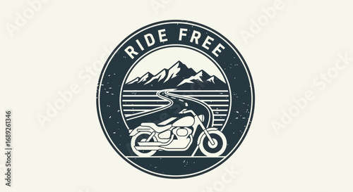 Vintage motorcycle graphic design, featuring a circular emblem with a motorcycle and mountains.