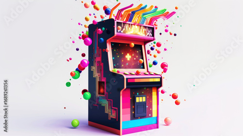 Classic arcade game machine bursting with colorful pixelated effects, neon colors, and a retro gaming theme