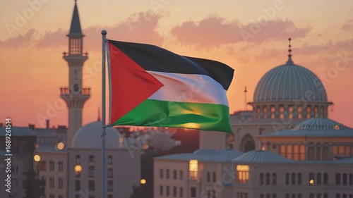 Palestinian flag waving on flagpole in front of a mosque with sunset sky background, celebrating Palestine national identity and Islamic faith