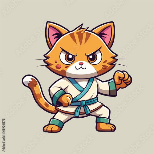 Cartoon cat character in karate uniform with fighting pose, martial arts illustration.