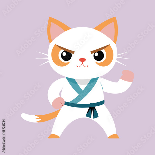 Cartoon cat character in karate uniform with fighting pose, martial arts illustration.