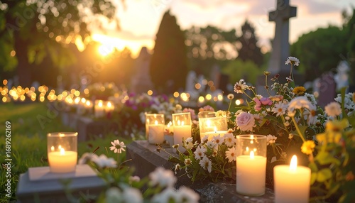 Candles on graves at sunset
