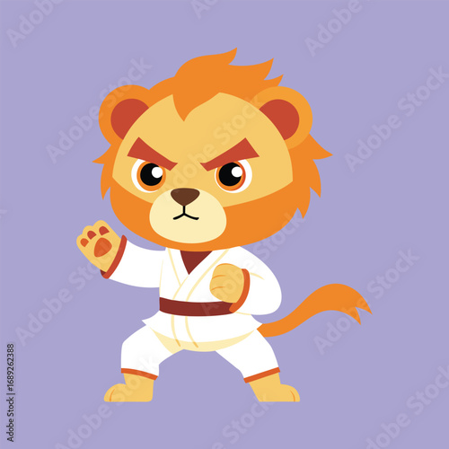 Cartoon tiger character in karate outfit showing martial arts stance.