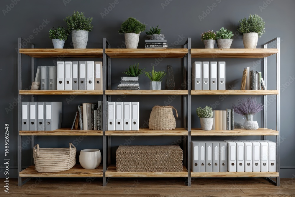 Obraz premium Modern industrial shelving unit filled with binders books plants and decorative baskets against a dark gray wall