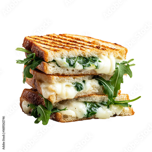close-up of mortadella mozzarella panini on white background
