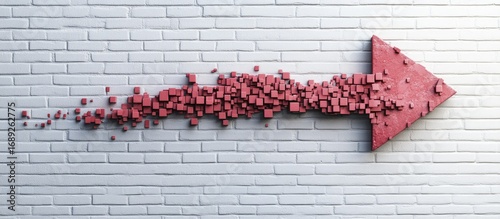 Dynamic red arrow composed of numerous pixelated cubes moving right against a textured white brick wall, symbolizing digital progress, data flow, and forward direction.