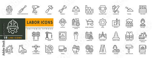 Minimalist labor line icons set with editable stroke, featuring minus screwdriver, drill, shoes, hammer, wrench, helmet, firs, gloves, truck, ruller, gear, blue print, engin. thin linear illustration.