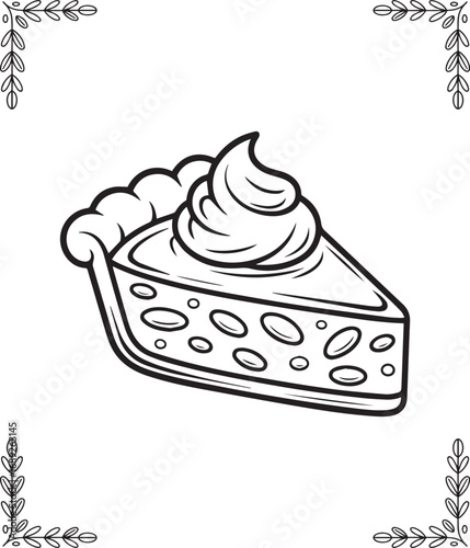 Thanksgiving traditional coloring page for kids and adults, Cartoon pumpkin pie slice with whipped cream on top black line art vector illustration for coloring book design 